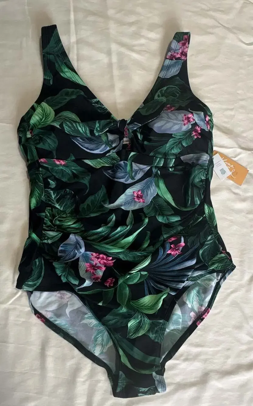 Kona Sol Women's Full Coverage Tummy Control Tie-Front One Piece Swimsuit Size 1